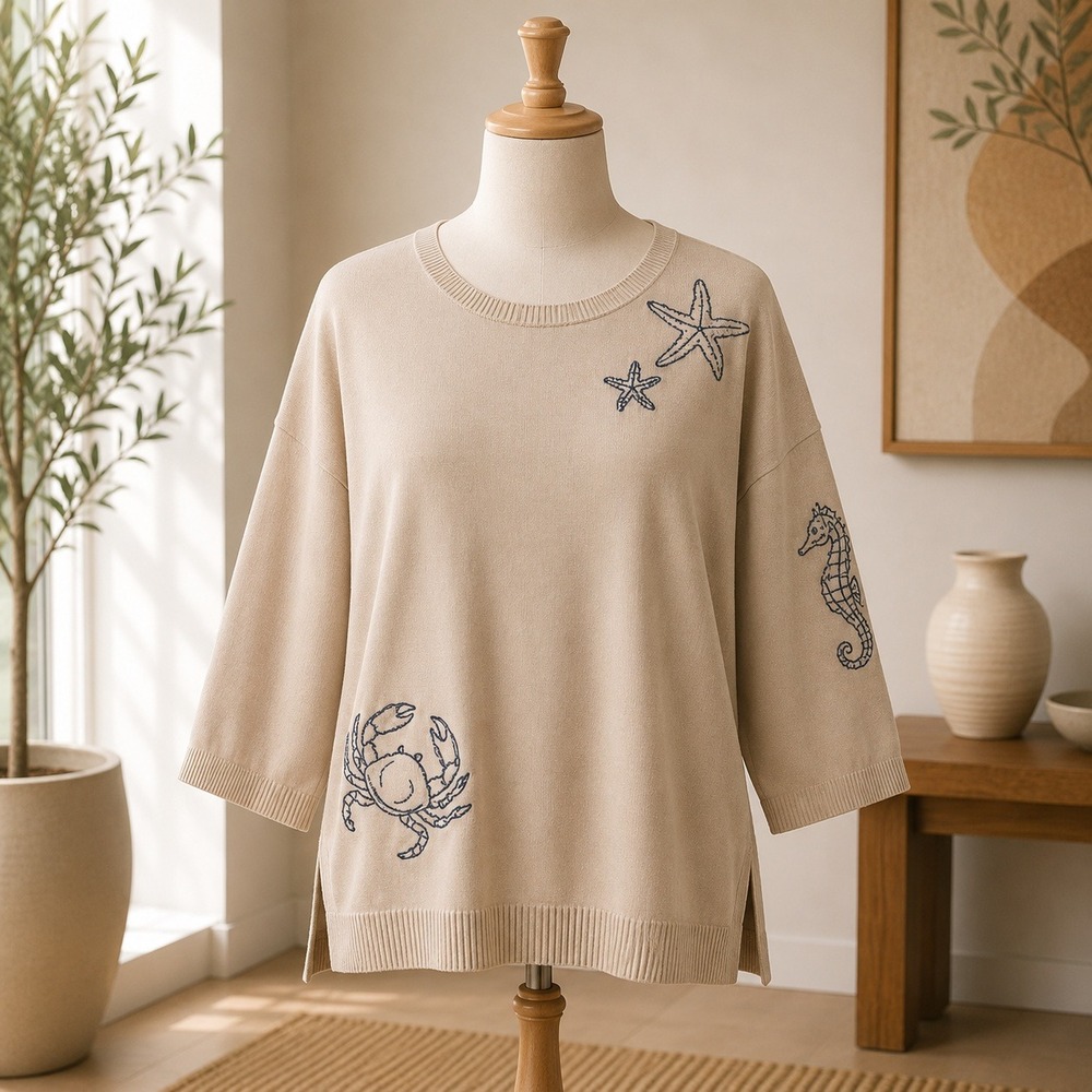NEW Belle Beach Kim Gravel Sweater 3X Tan Nautical Embroidered Crab Starfish